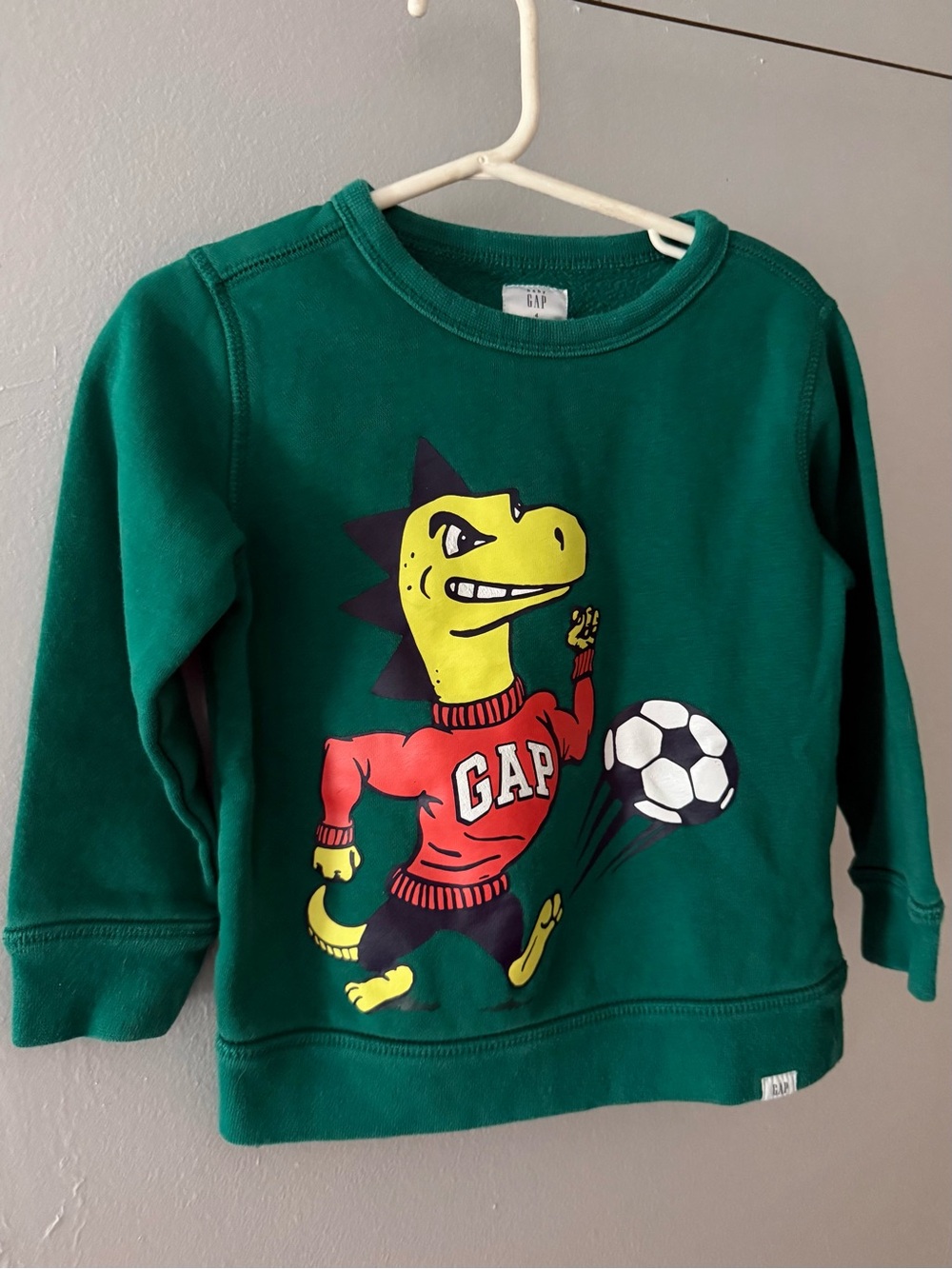 Baby GAP Green Crewneck Sweatshirt with Dino playing soccer